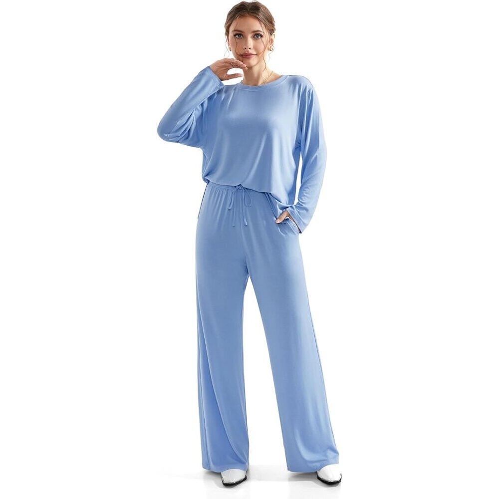 Women's 2 Piece Lounge Set Viscose Spandex Crewneck Wide Leg Pockets Casual